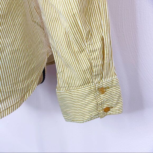 Zara TRF Button Front Shirt Striped Elbow Patches Medium Yellow White Oxford - Picture 7 of 9